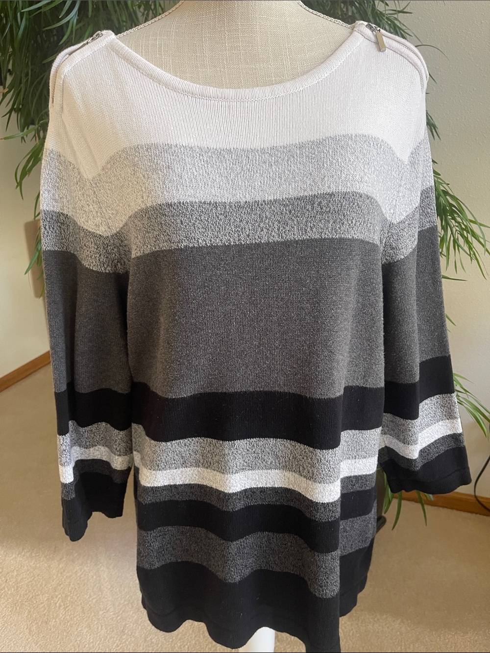 Karen Scott Striped Crewneck Sweater in White, Light Gray, Dark Gray & Black